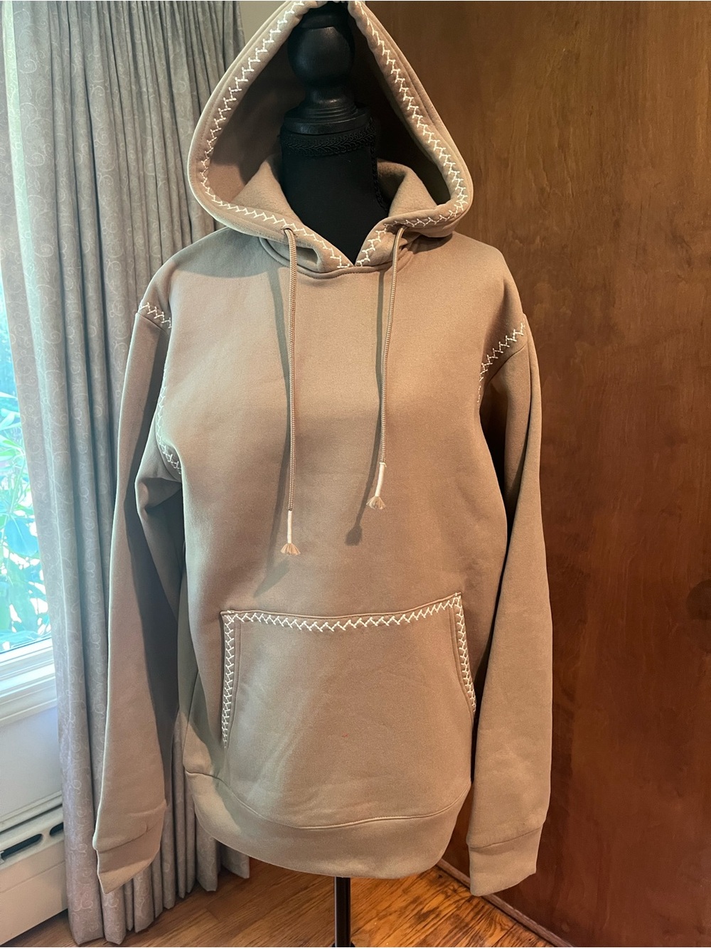 Women's Taupe Hooded Sweatshirt with Contrast Stitching